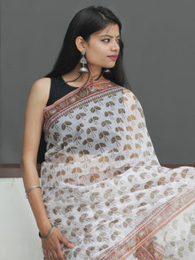White Light Brown Hand Block Printed Kota Doria Saree  - S031704090