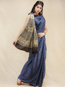 Indigo Blue Mustard Grey Bandhej Modal Silk Saree With Ajrakh Printed Pallu & Blouse - s031704148