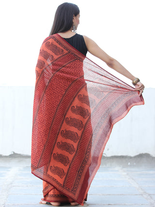 Deep Rust Black Red Bagh Hand Block Printed Cotton Saree - S031703890