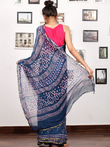 Indigo Purple White Hand Block Printed Chiffon Saree with Zari Border - S031703168