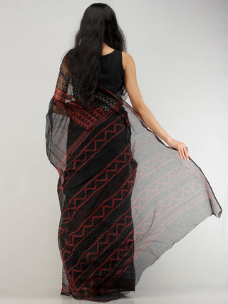 Black Red Hand Block Printed Kota Doria Saree In Natural Colors - S031704571