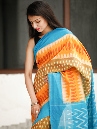 Sky Blue Orange Mustard Ikat Handwoven Cotton Saree - S031704044