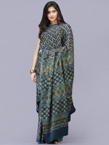 Indigo Ivory Green Ajrakh Hand Block Printed Modal Silk Saree - S031704191