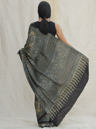 Charcoal Black Ivory Olive Green Ajrakh Hand Block Printed Modal Silk Saree - S031704132