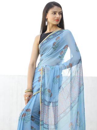 Sky Blue Coral Hand Block Printed Chiffon Saree with Zari Border - S031703974