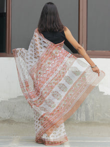 White Light Brown Hand Block Printed Kota Doria Saree  - S031704090