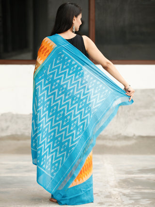 Sky Blue Orange Mustard Ikat Handwoven Cotton Saree - S031704044