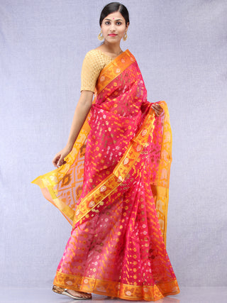 Banarasee Organza Saree With Zari & Resham Work - Magenta Yellow Gold  - S031704326