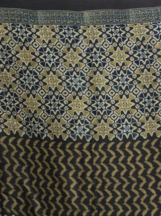 Charcoal Black Ivory Olive Green Ajrakh Hand Block Printed Modal Silk Saree - S031704132