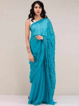 Blue Aari Embroidered Georgette Saree From Kashmir - S031704642