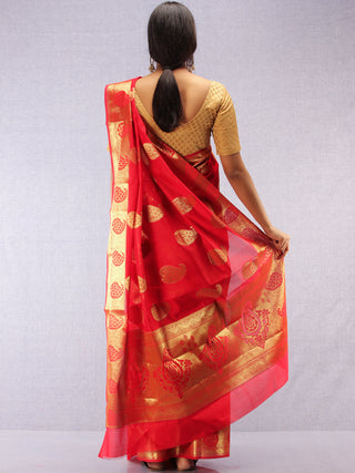 Banarasee Semi Silk Saree With Zari Work- Red & Gold - S031704373