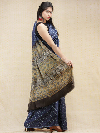Indigo Blue Mustard Grey Bandhej Modal Silk Saree With Ajrakh Printed Pallu & Blouse - s031704148