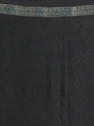 Charcoal Black Ivory Olive Green Ajrakh Hand Block Printed Modal Silk Saree - S031704132