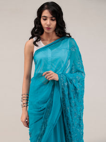 Blue Aari Embroidered Georgette Saree From Kashmir - S031704642