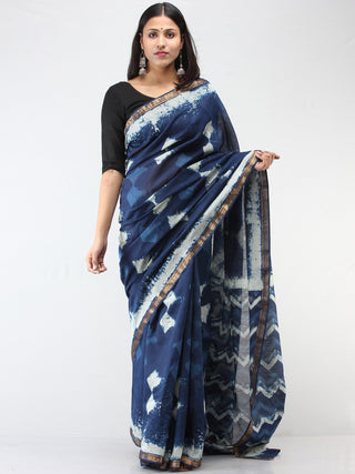 Indigo Ivory Maheshwari  Hand Block Printed Saree With Zari Border - S031704474