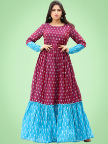 Mohak - Wine Blue Hand Woven Silk Cotton Ikat Tier Dress - D175F1971