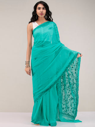 Green Aari Embroidered Georgette Saree From Kashmir - S031704643