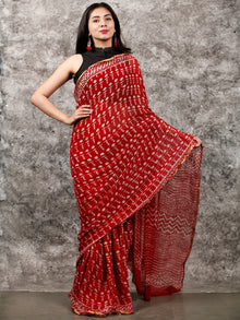 Red White Hand Block Printed Chiffon Saree with Zari Border - S031703228