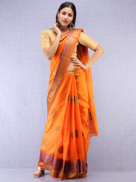 Banarasee Cotton Silk Saree With Zari Work - Orange Purple & Gold - S031704420