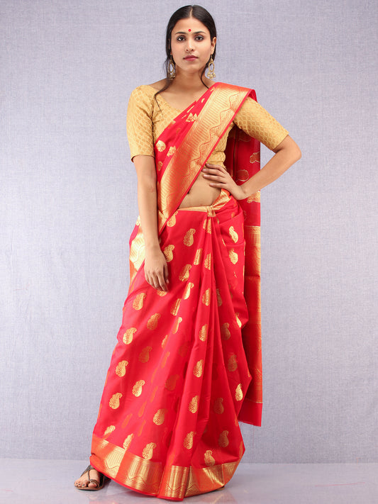 Banarasee Semi Silk Saree With Zari Work - Red & Gold - S031704374