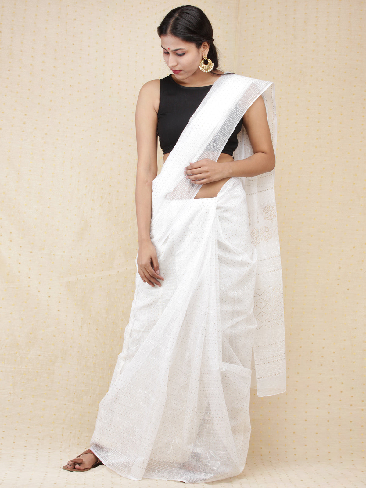 White Golden Hand Block Printed Kota Doria Saree  - s031704170