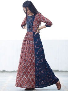 Block Sequence - Hand Block Printed Long Cotton Dress With Embroidery - D349F1807