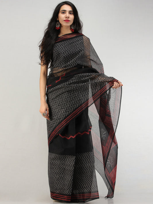 Black Red Hand Block Printed Kota Doria Saree In Natural Colors - S031704573