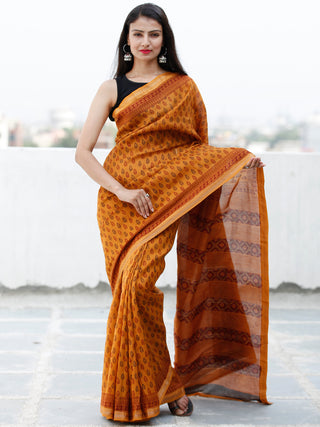 Rust Orange Maroon Black Bagh Hand Block Printed Maheswari Silk Saree With Resham Border - S031703844