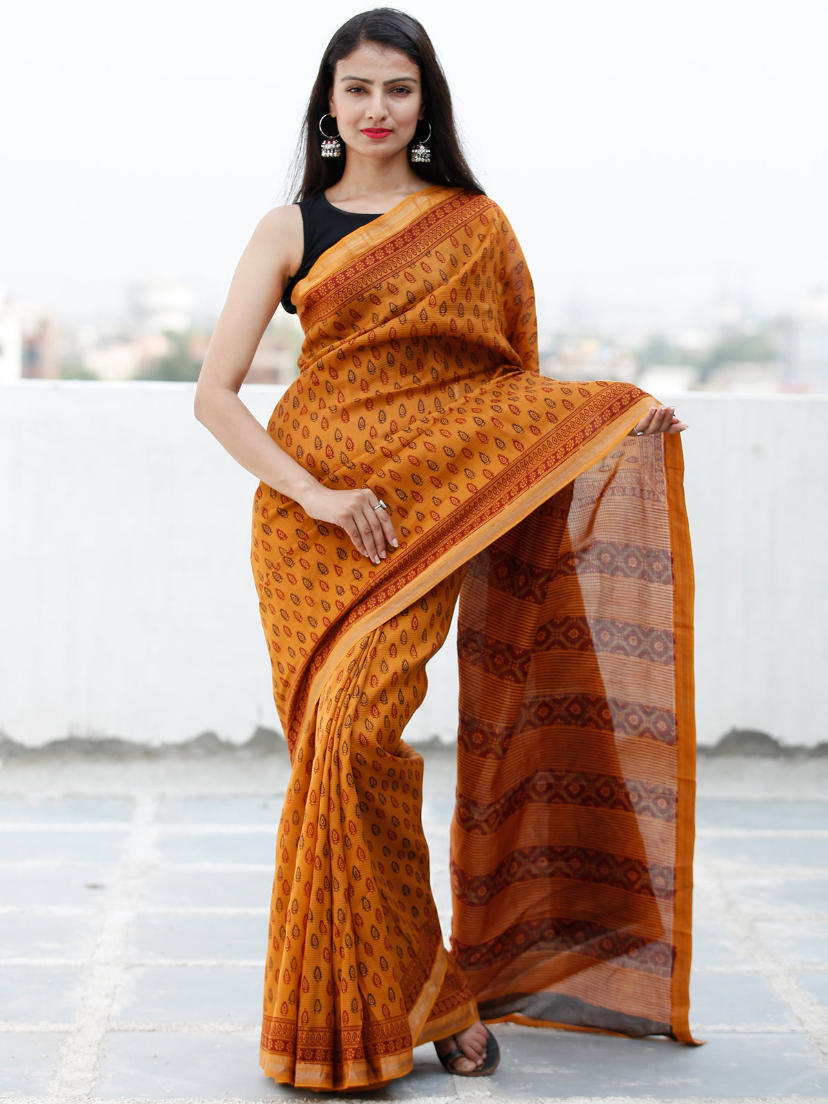 Rust Orange Maroon Black Bagh Hand Block Printed Maheswari Silk Saree With Resham Border - S031703844