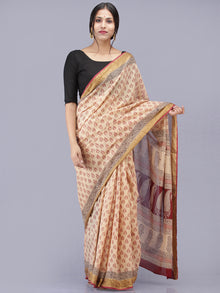 Beige Maroon Black Bagh Printed Maheshwari Cotton Saree - S031704179