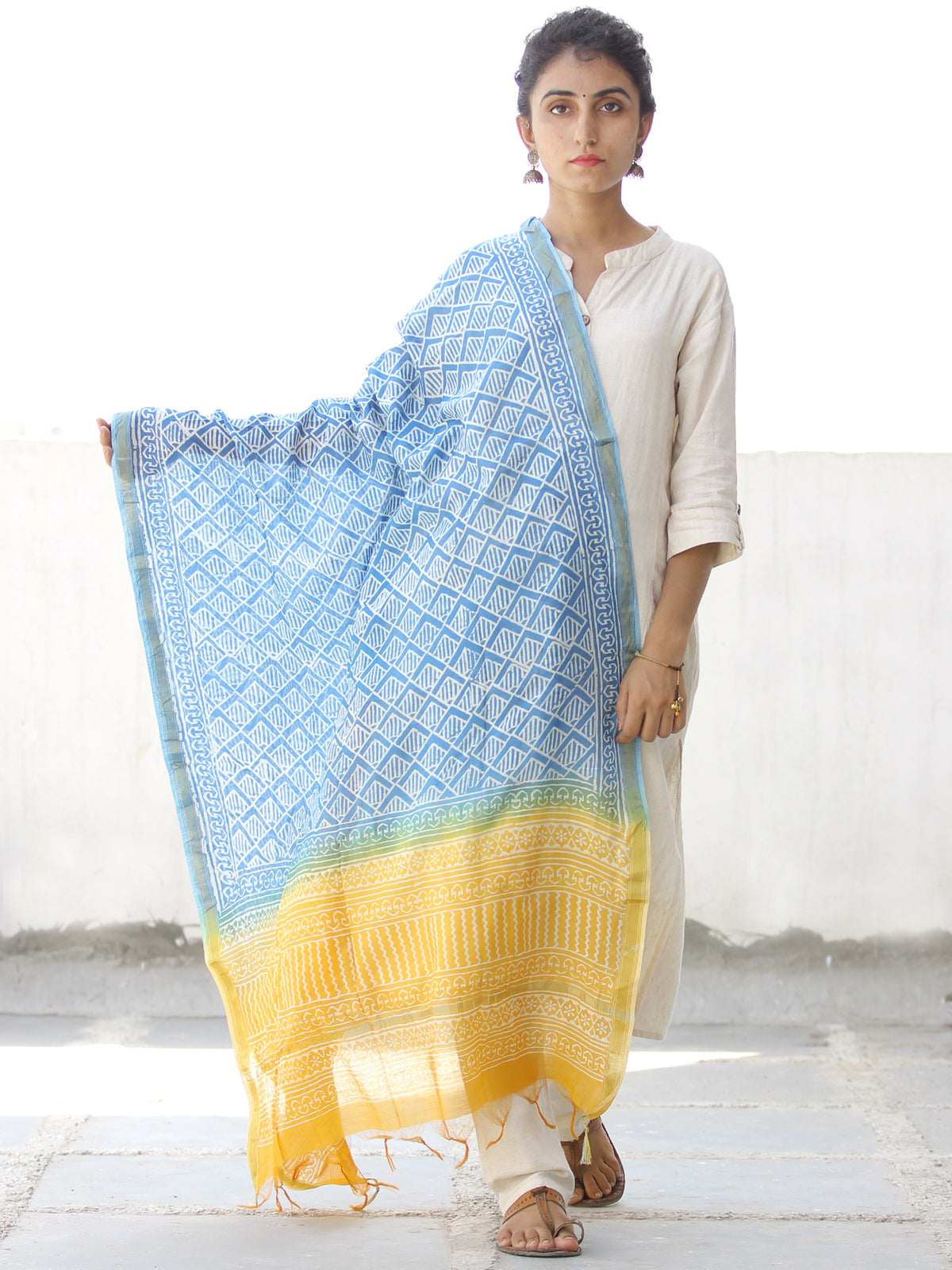 Sky Blue White Yellow Chanderi Hand Block Printed Dupatta - D04170556