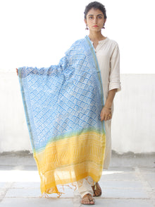 Sky Blue White Yellow Chanderi Hand Block Printed Dupatta - D04170556