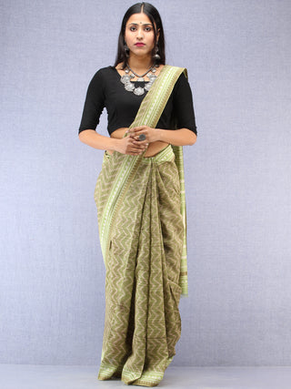 Light Green Ivory Chanderi Hand Block Printed Saree With Geecha Border - S031704499