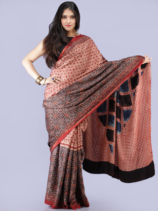 Beige Red Indigo Black Ajrakh Hand Block Printed Modal Silk Saree - S031704259