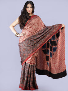 Beige Red Indigo Black Ajrakh Hand Block Printed Modal Silk Saree - S031704259