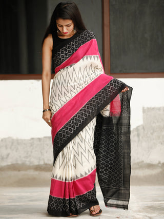 White Coral Black Ikat Handwoven Cotton Saree - S031704045