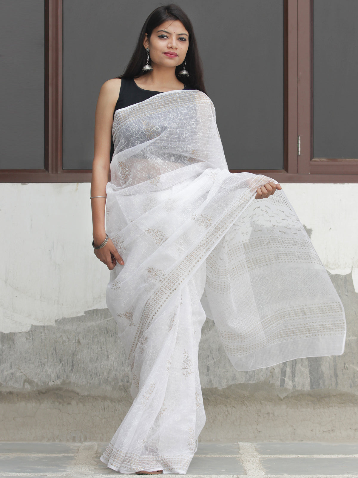 White Golden  Hand Block Printed Kota Doria Saree  - S031704091