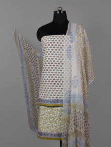 White Olive Green Blue Hand Block Printed Cotton Suit-Salwar Fabric With Chiffon Dupatta (Set of 3) - S16281297