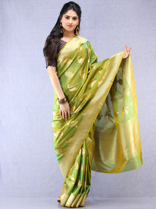 Banarasee Art Silk Saree With Bird Motif - Green & Gold - S031704327