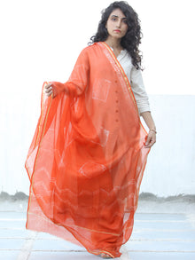 Orange White Shibori Kota Silk Hand Block Printed Dupatta - D04170648