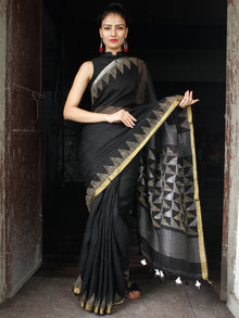 Black Golden Silver Handwoven Linen Jamdani Saree With Temple Border & Tassels - S031704017