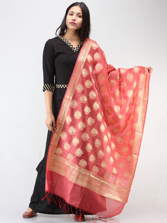 Banarasi Semi Georgette Dupatta With Zari Work -  Coral & Gold  - D04170918
