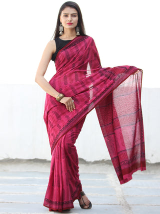 Pink Red Black Bagh Hand Block Printed Cotton Saree - S031703891