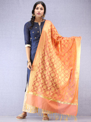 Banarasi Chanderi Dupatta With Zari Work - Peach & Gold - D04170810