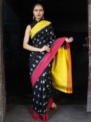 Black Yellow Grey Red Ikat Handwoven Ganga Jamuna Border Cotton Saree - S031703629
