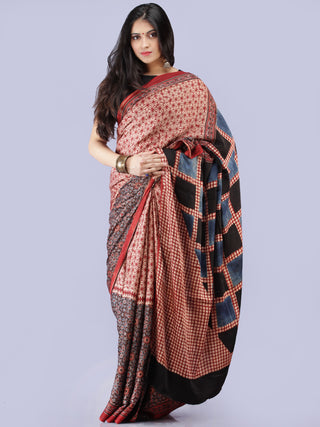 Beige Red Indigo Black Ajrakh Hand Block Printed Modal Silk Saree - S031704259