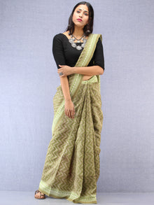 Light Green Ivory Chanderi Hand Block Printed Saree With Geecha Border - S031704499
