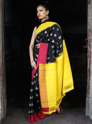 Black Yellow Grey Red Ikat Handwoven Ganga Jamuna Border Cotton Saree - S031703629