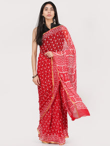 Red OffWhite Hand Block Printed Chiffon Saree With Zari Border - S031704702