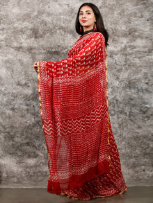 Red White Hand Block Printed Chiffon Saree with Zari Border - S031703228